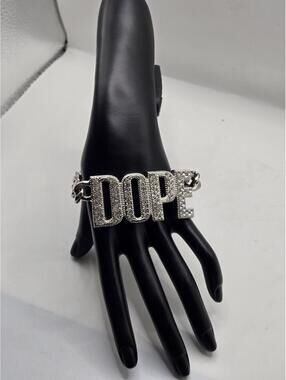 Iced Out DOPE Letter Bracelet Men Women Silver Curb Link Hip Hop Crystal Jewelry